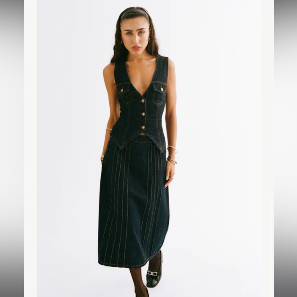 CAMELIA FARHOODI X LIONESS MIDI DENIM SKIRT